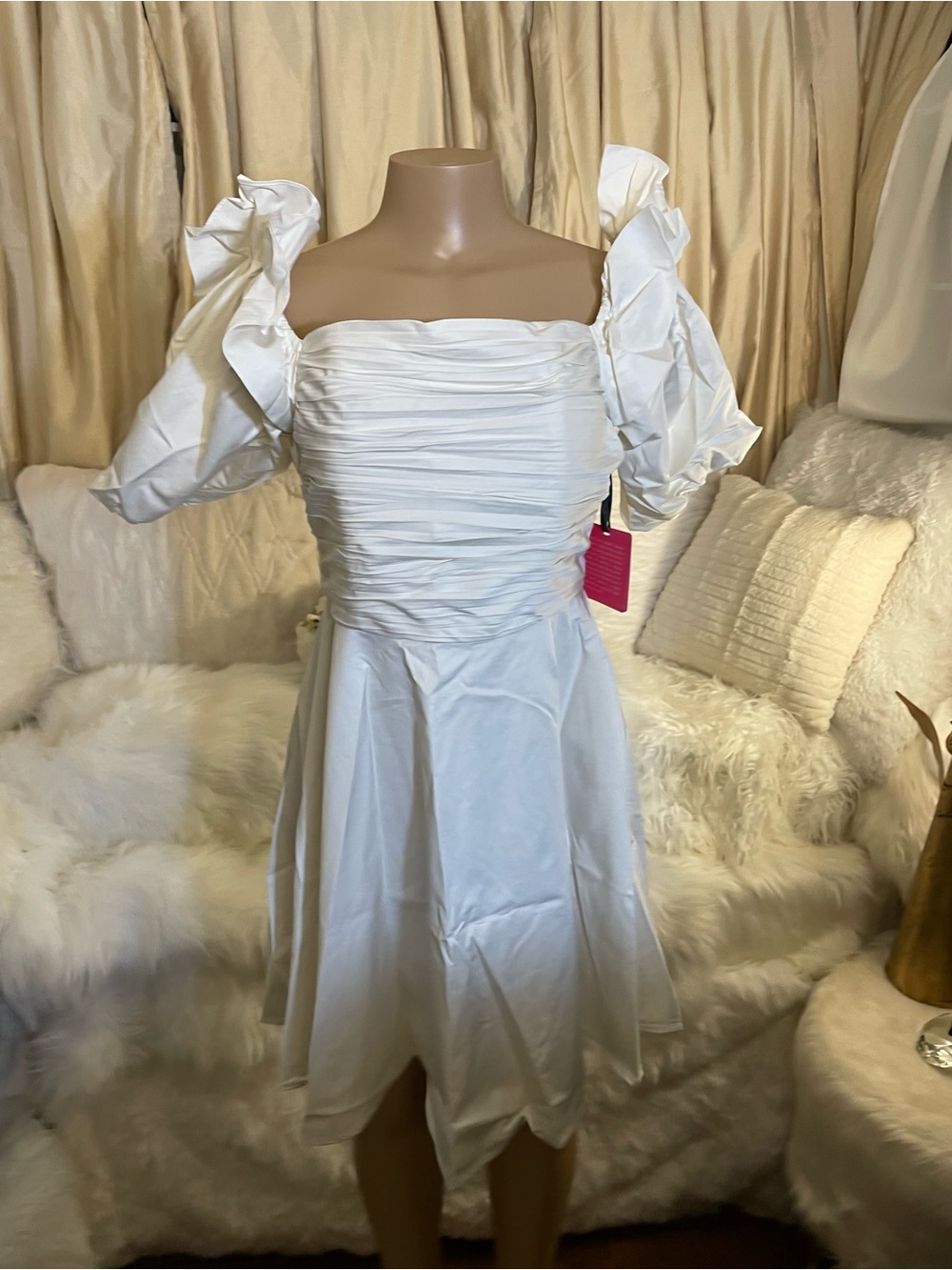 Prabal Gurung White Ruched Bodice Puff-Sleeve Midi Dress (brand new with tags)